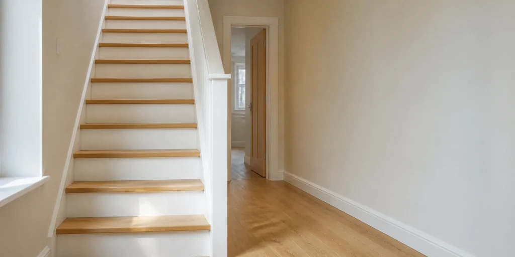 Finished timber staircase in a clean home hallway